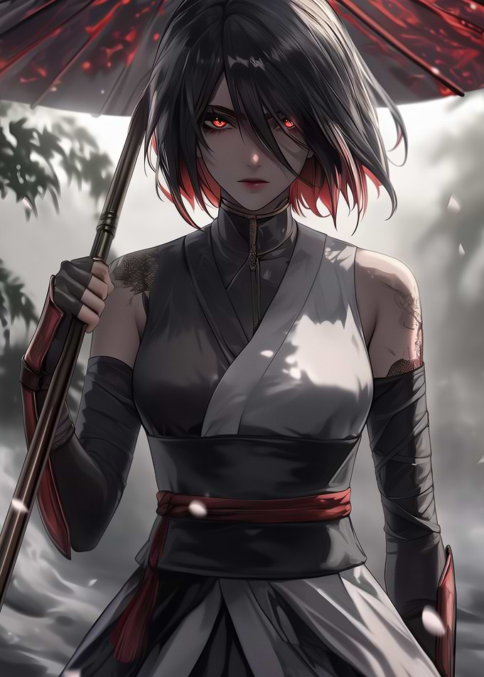 Anime Warrior Woman with Red Umbrella