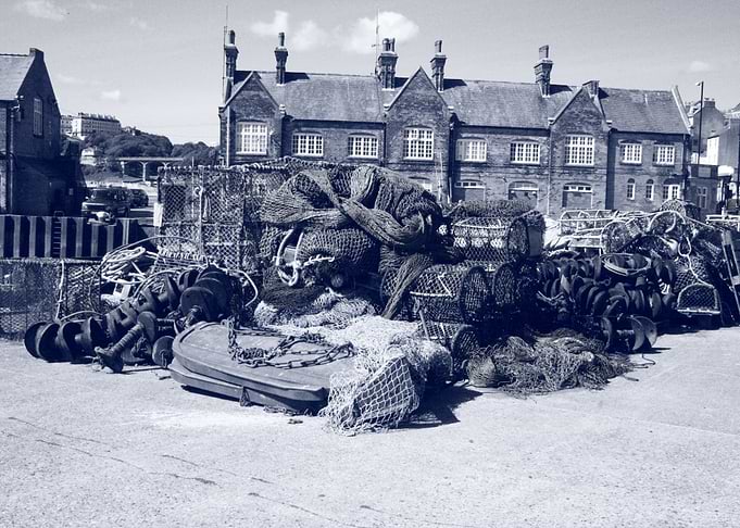 Monochrome English Fishing Port Scene