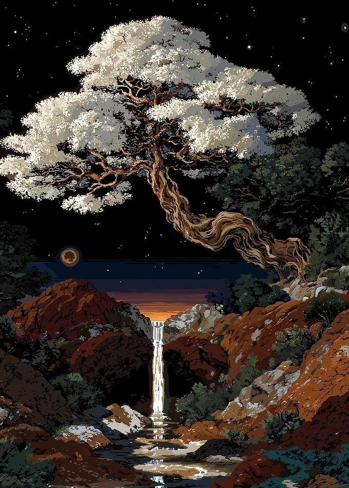 Pixel Art Waterfall Landscape with Tree