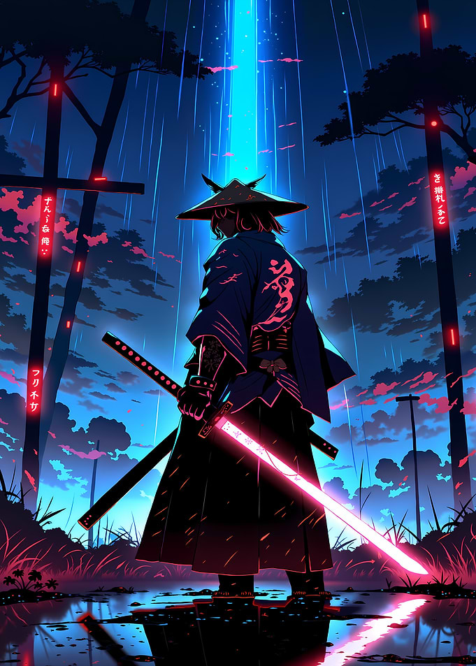 Cyberpunk Samurai with Glowing Katana