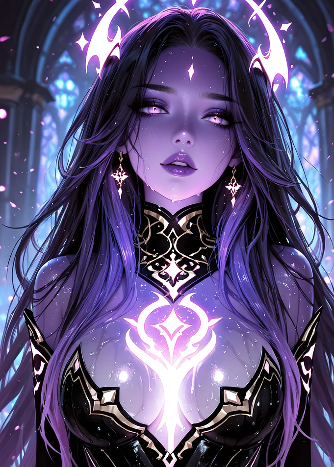 Purple-skinned woman with magical aura