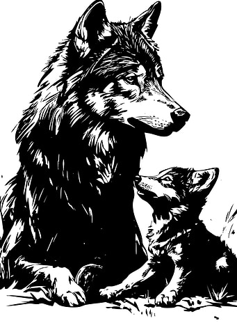 Wolf and Cub Black and White