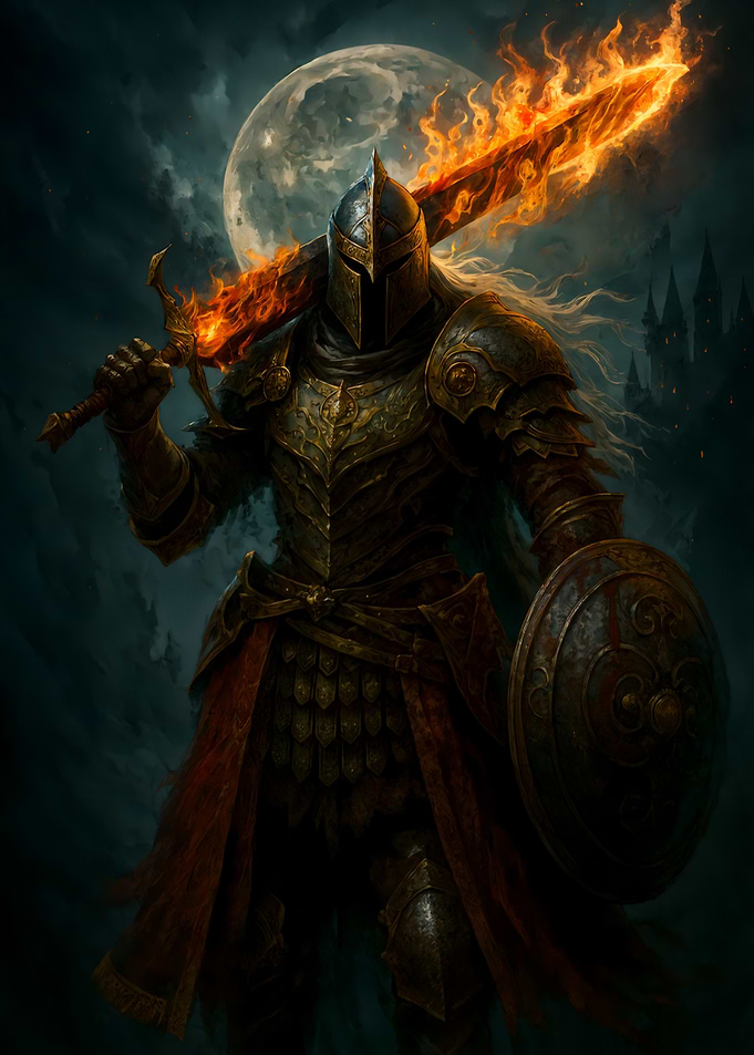 Flaming Sword Knight Under Moonlight