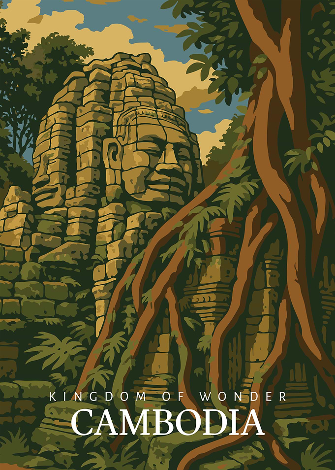 Cambodia Temple Wall Art Print– Angkor Wat Bayon Face Poster,