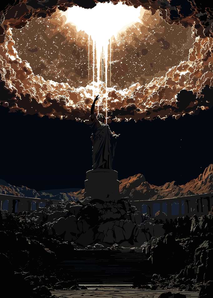 Statue under celestial light