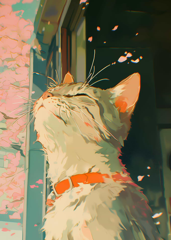 Cat gazing at cherry blossoms