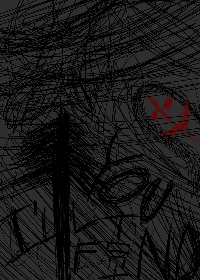 Dark Scribbled Abstract with Red face