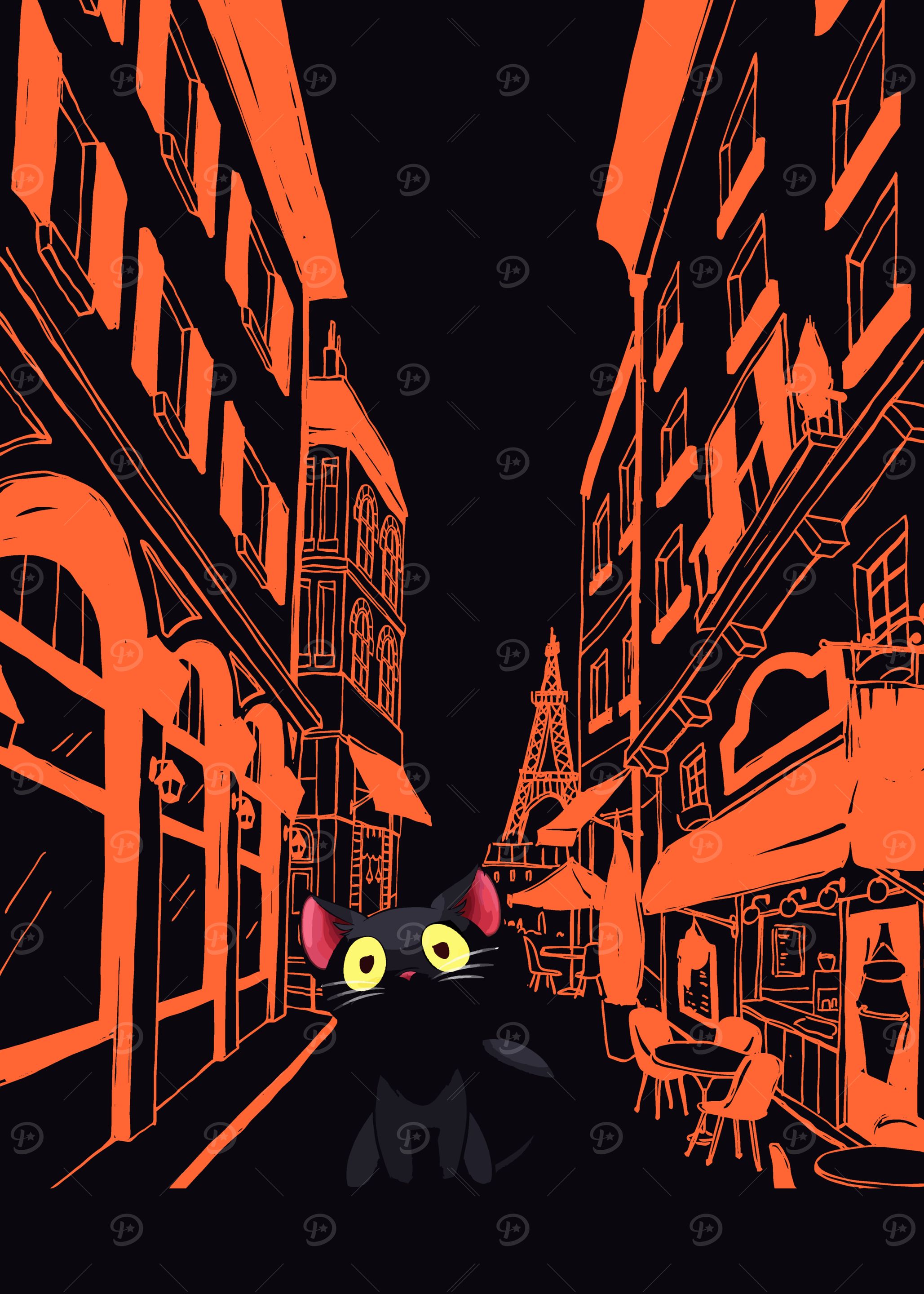 Black Cat in Paris Illustration