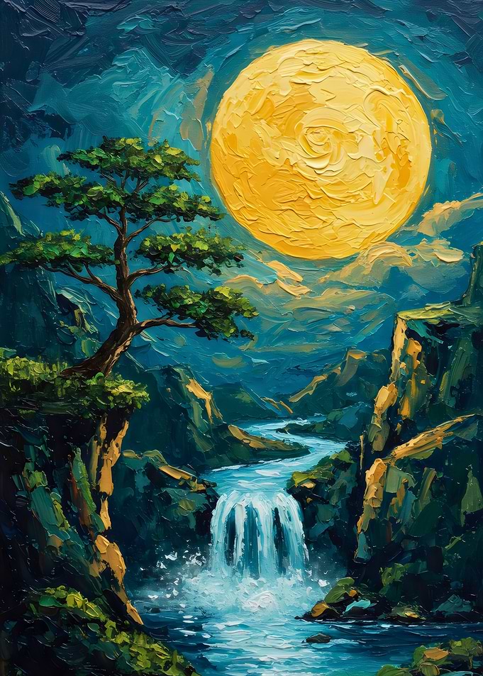 Moonlit Waterfall Landscape Painting