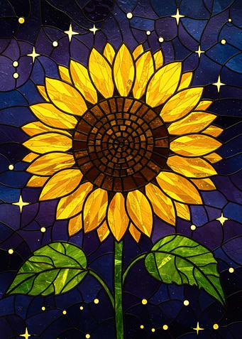 Stained Glass Sunflower with Starry Background