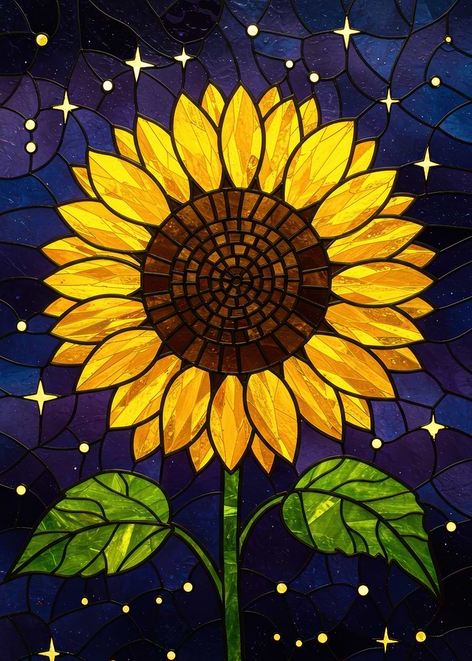 Stained Glass Sunflower with Starry Background