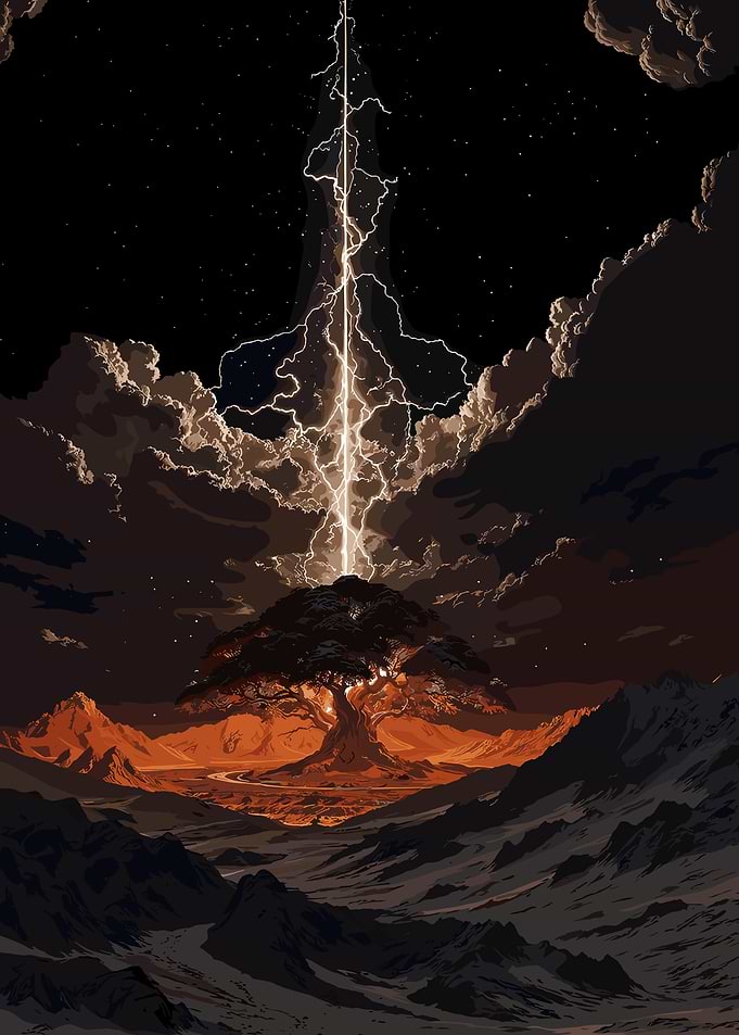 Lightning Strikes a Tree in Landscape