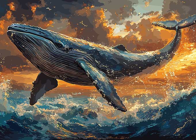 Whale breaching ocean surface at sunset