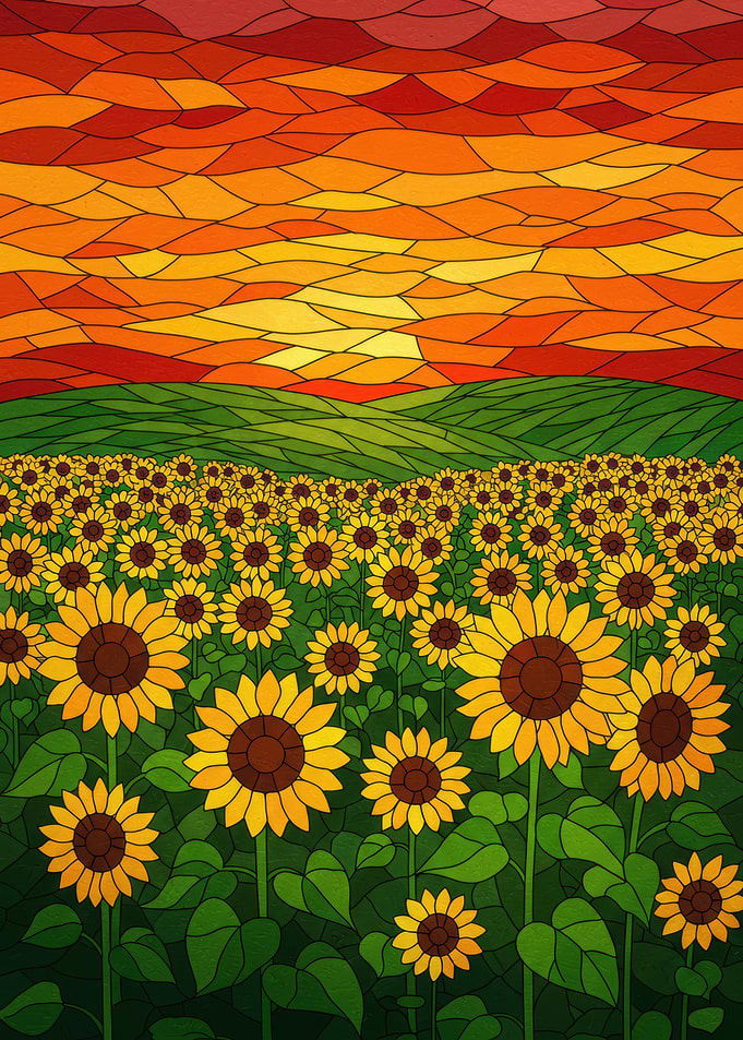 Stained Glass Sunflower Field at Sunset