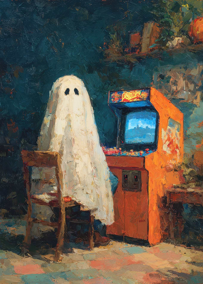 Ghost playing arcade game painting