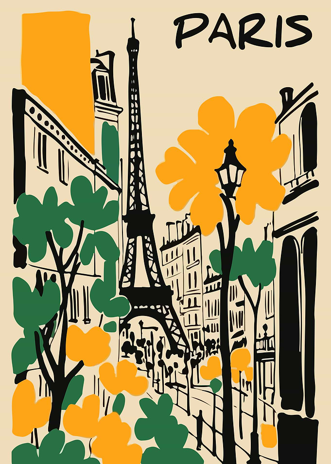 Paris Illustration with Eiffel Tower and Flowers
