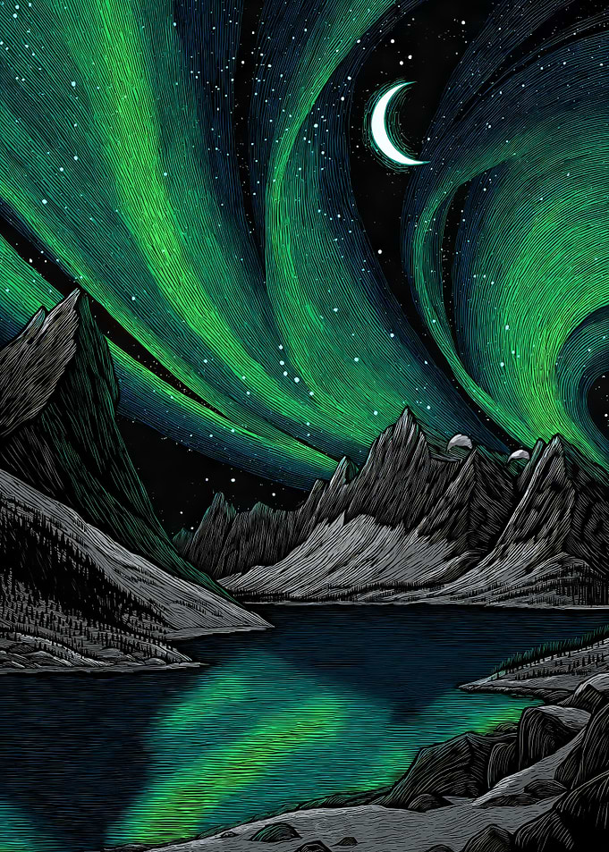 Aurora Borealis over Mountain Lake