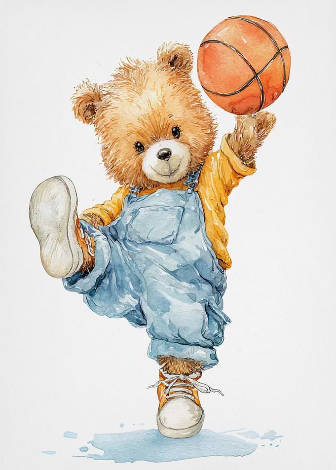 Watercolor Teddy Bear Playing Basketball