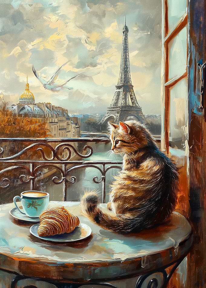Cat with croissant in Paris painting