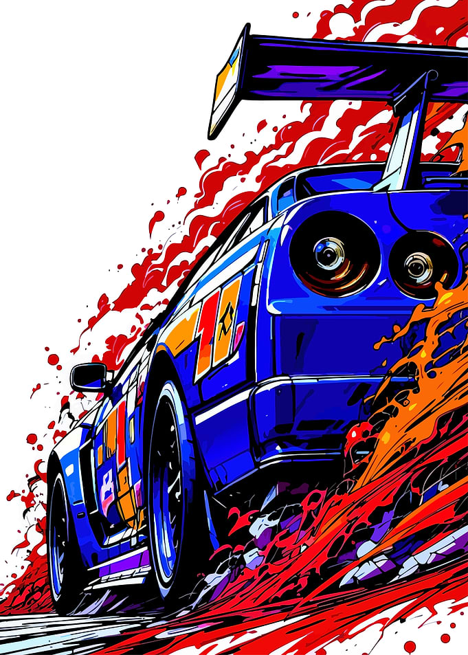 Blue Racing Car with Red Splashes