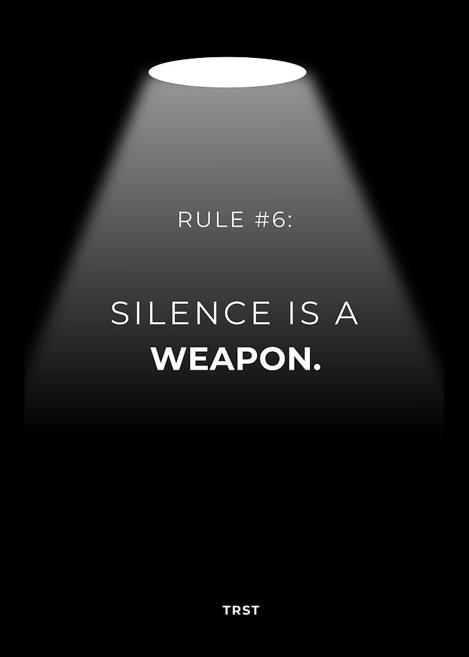 Rule #6: Silence Is a Weapon – Minimalist Black Motivational Spotlight Poster