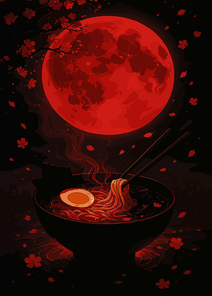 Ramen Bowl Under a Red Moon