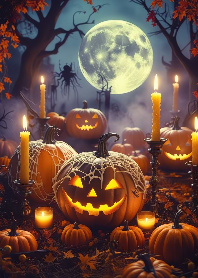 Halloween Pumpkins and Candles Under Moonlight