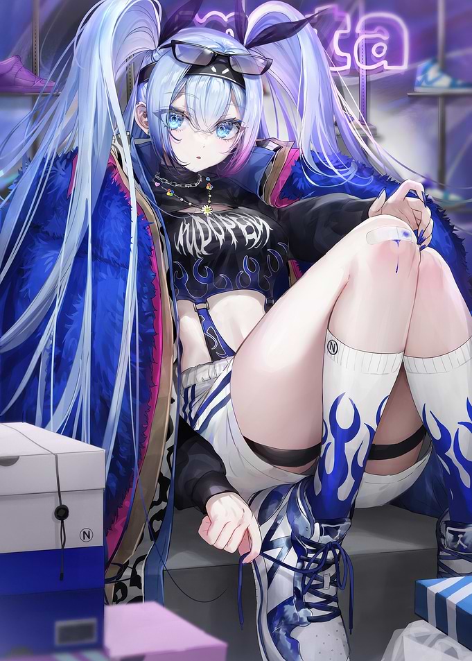 Anime Girl with Blue Hair and Sneakers