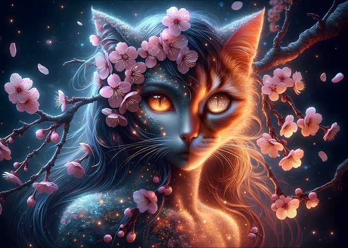 Mystical Cat-Human Hybrid with Cherry Blossoms