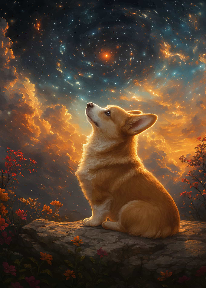 Corgi gazing at the cosmos