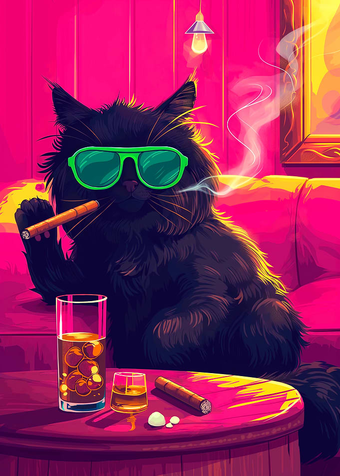 Cool Cat with Cigar and Drink