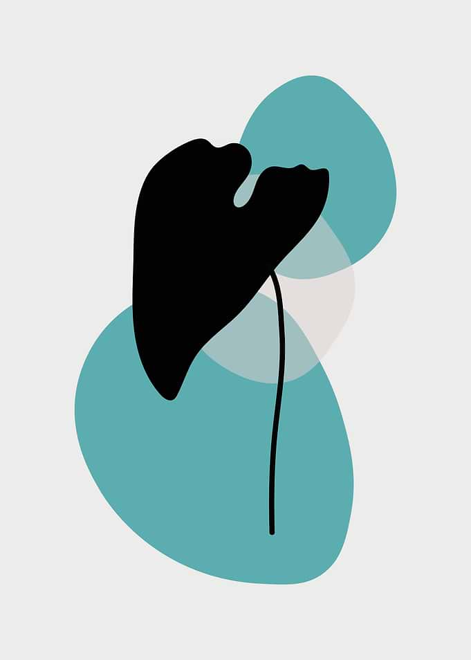 Abstract Black Leaf with Teal Shapes