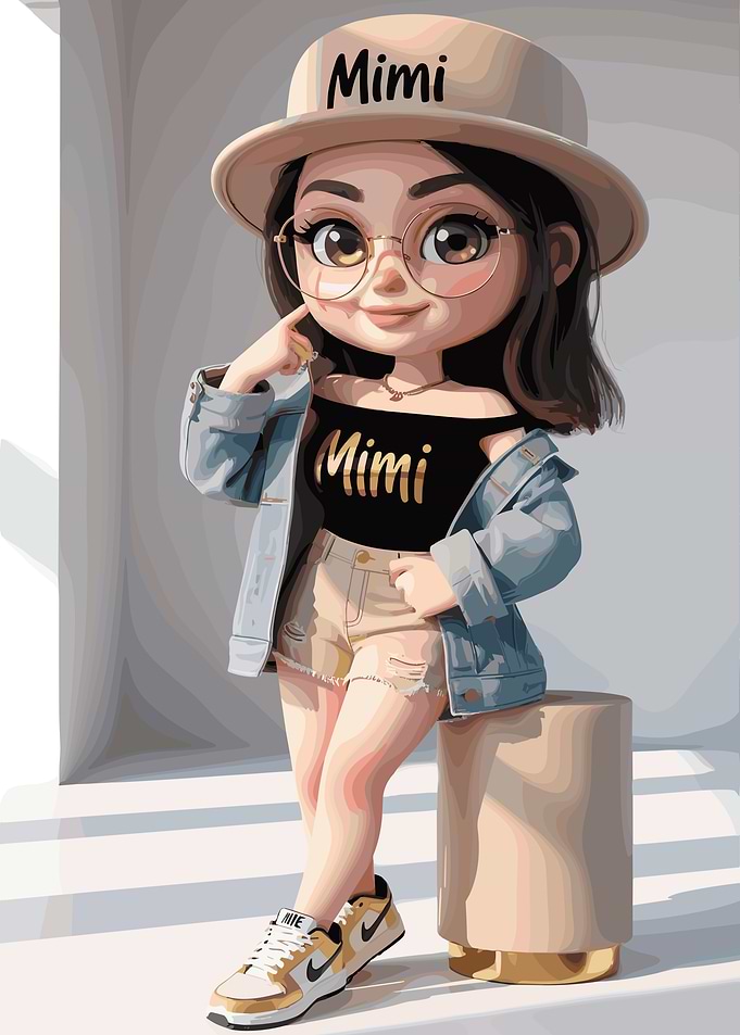 Cartoon Girl with Mimi Hat and Shirt