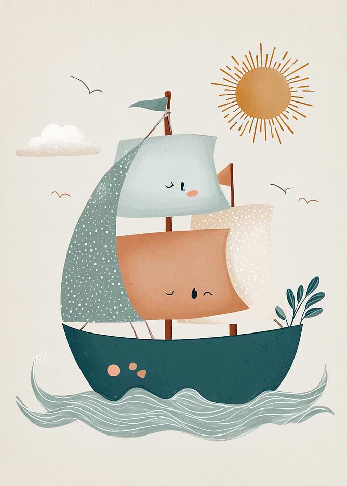 Cute Cartoon Sailboat on the Sea