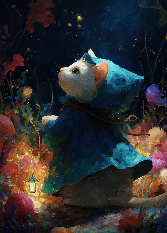 Whimsical Cat in Blue Cloak