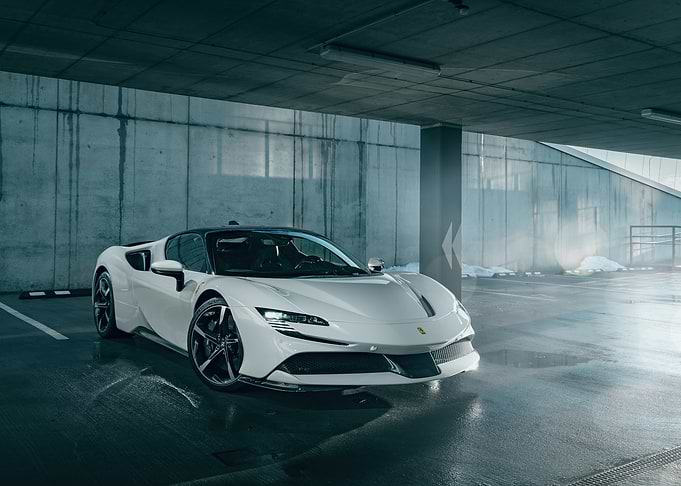 White Ferrari SF90 Stradale in Parking Garage