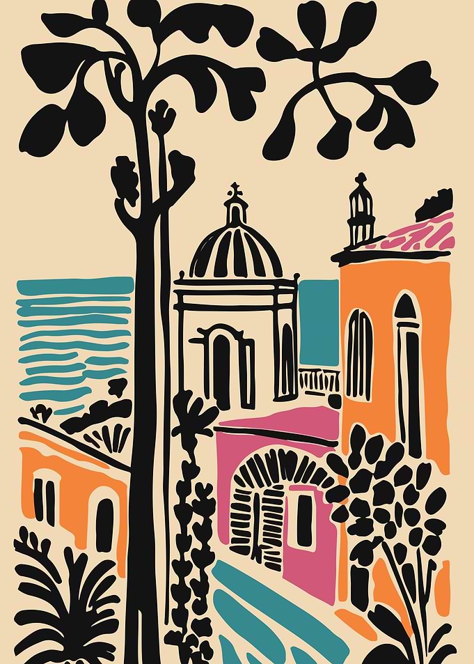 Colorful Mediterranean Village Illustration