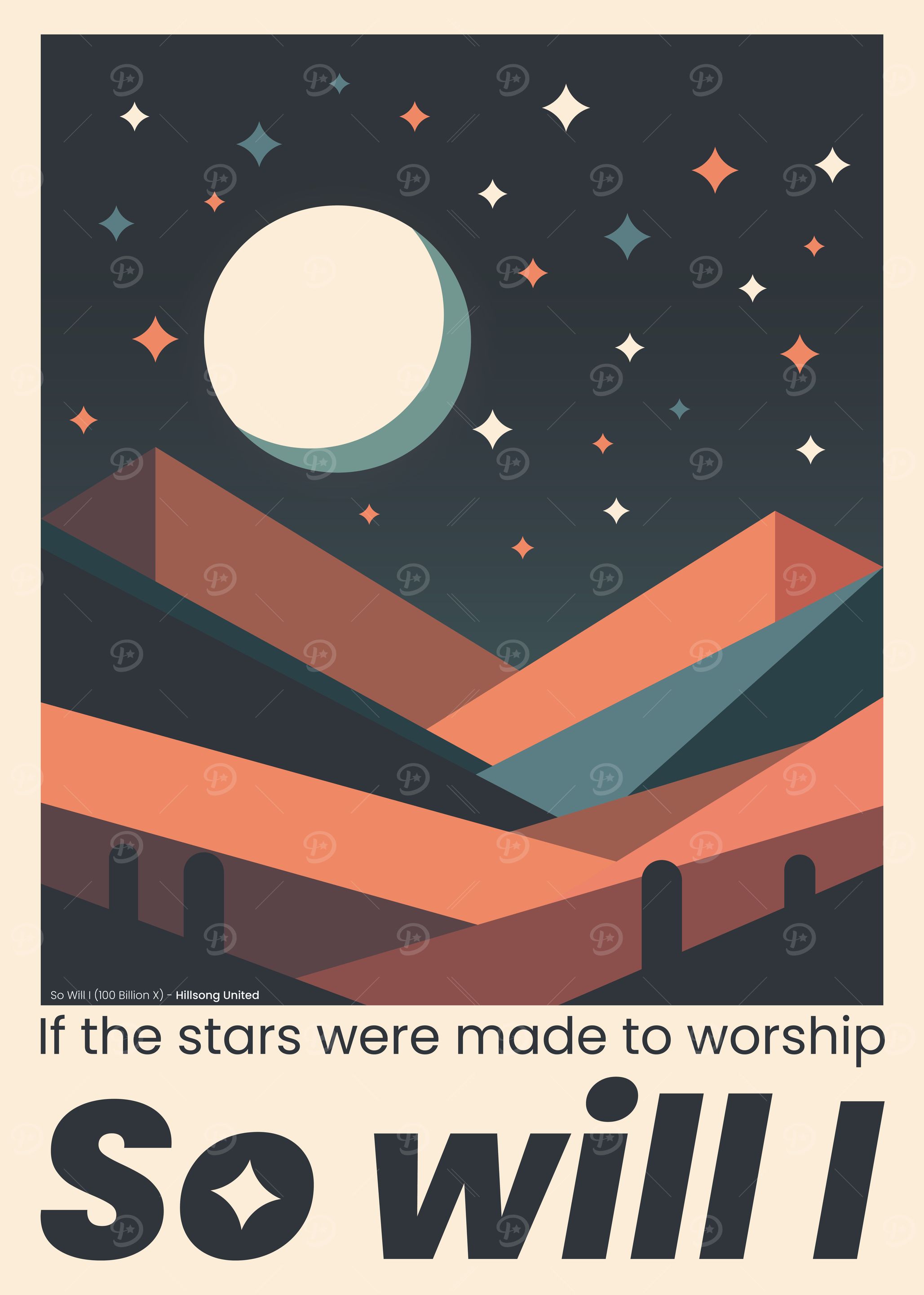 Geometric Landscape with Moon and Stars