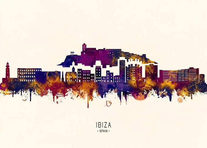 Ibiza Spain Skyline Watercolor Silhouette
