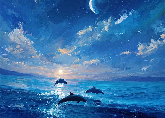 Dolphins jumping in blue ocean painting