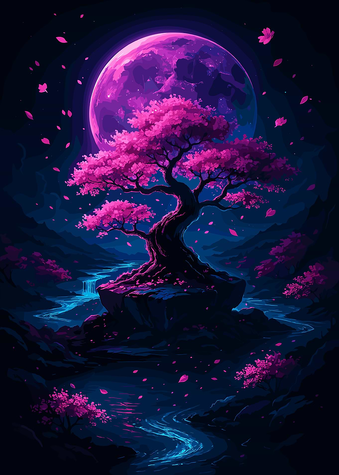 Pink Cherry Blossom Tree Under Moon