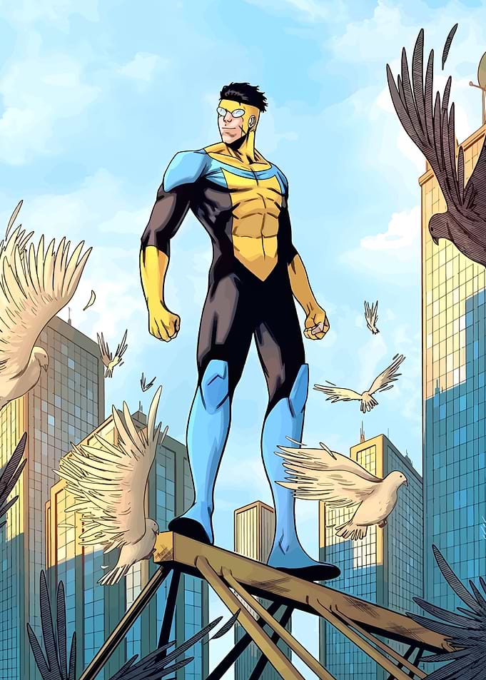 Invincible Comic Book Hero in Cityscape