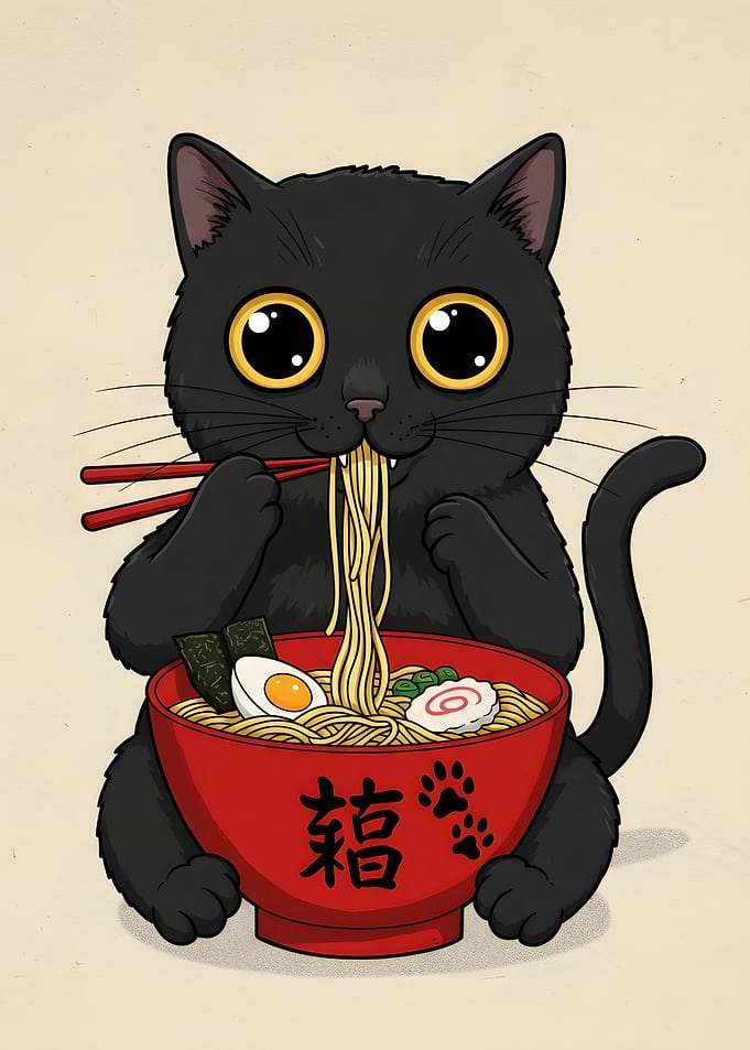 Black Cat Eating Ramen Illustration