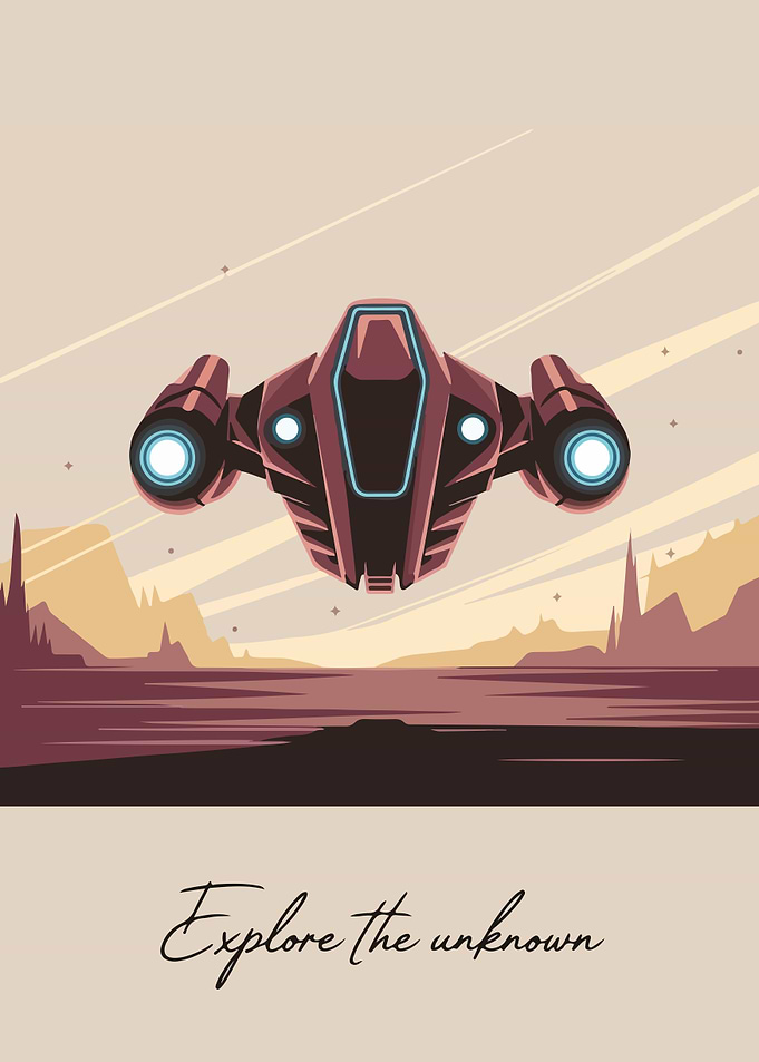 Spaceship over alien landscape illustration