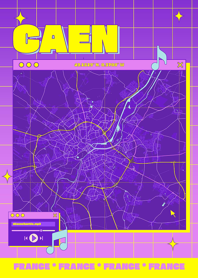 Caen France Map Retro Aesthetic Poster