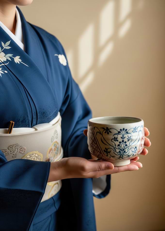 A Woman in Blue Kimono with Floral Patterns Holding a Ceramic Tea Bowl