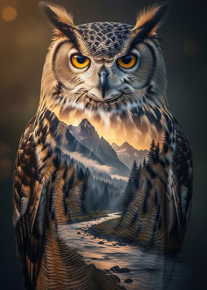 Owl and Mountain Landscape Double Exposure