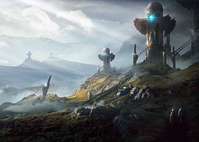 Futuristic Landscape with Towers and Figures