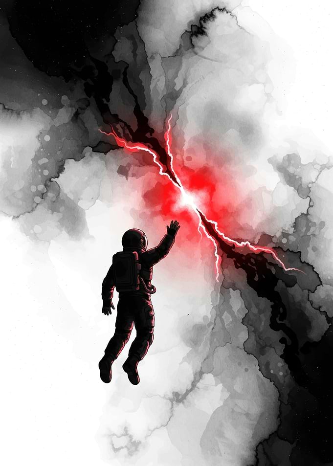 Astronaut Reaching for Red Lightning