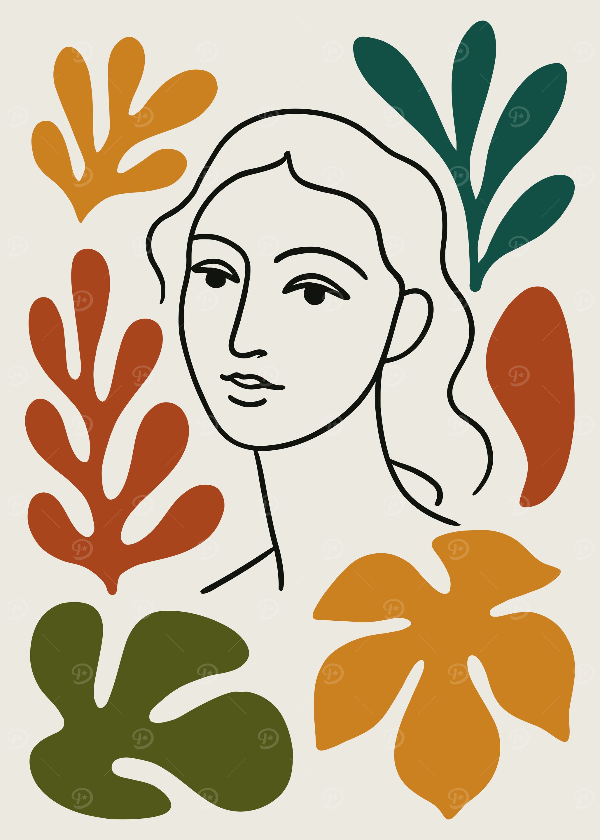Minimalist Woman Portrait with Leaf Motifs